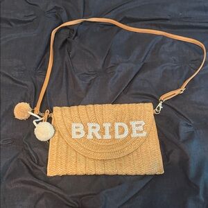 Tan Woven Bride Clutch with Pom Poms